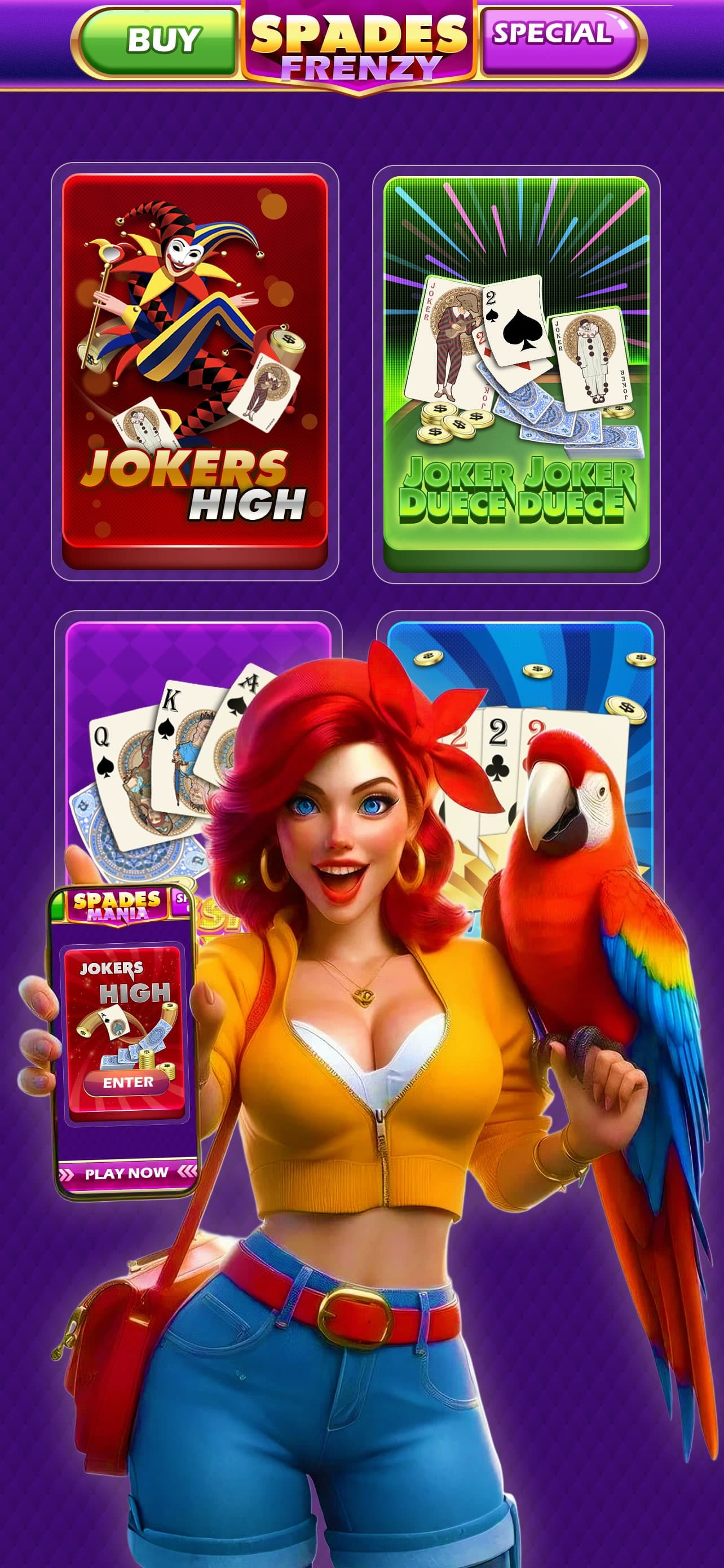 Spades Frenzy mode selection showing Jokers High, Joker Joker Deuce Deuce, and two additional game tiles.