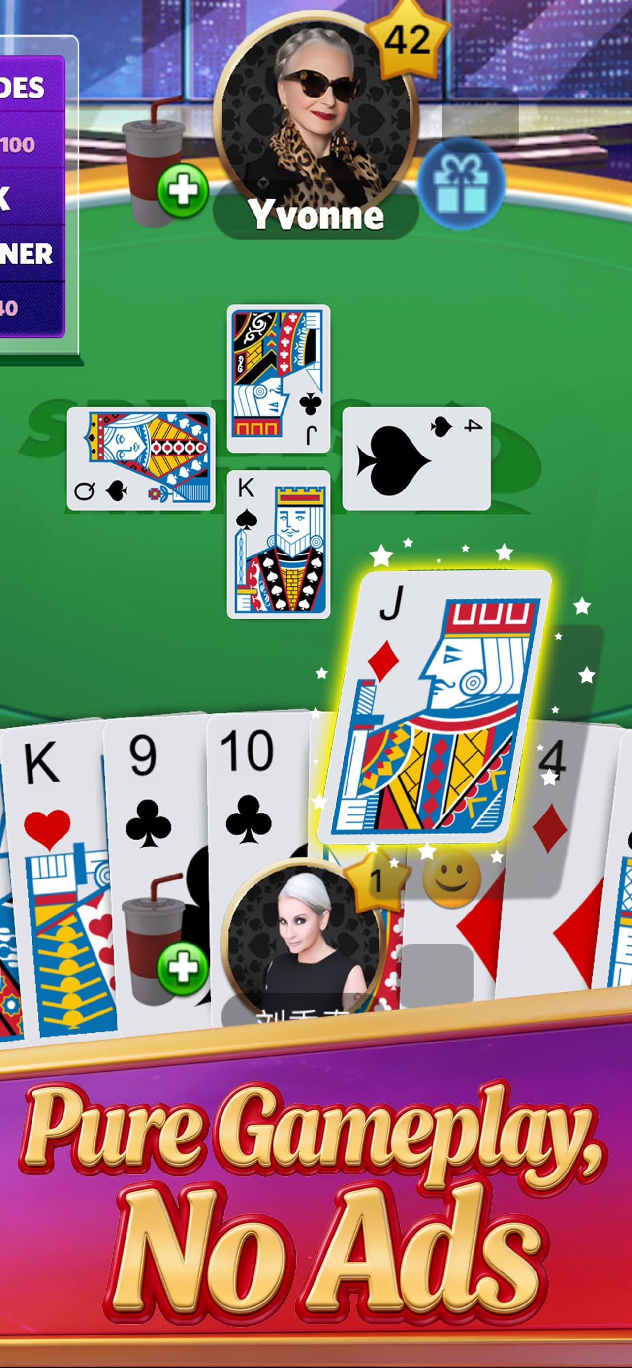 A Spades Frenzy match with four players, cards in hand, and a trick being played on a green table.