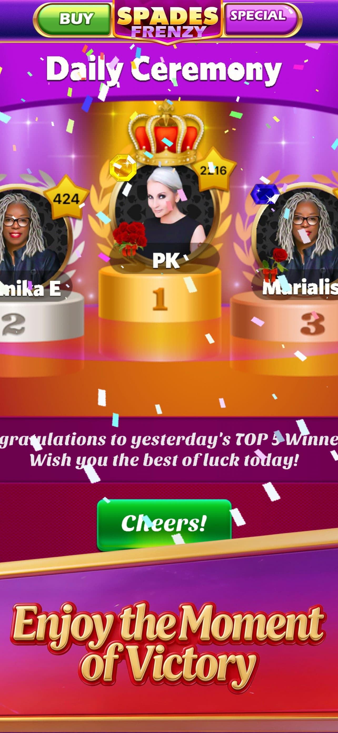 Spades Frenzy Daily Ceremony podium celebrating the top three players.